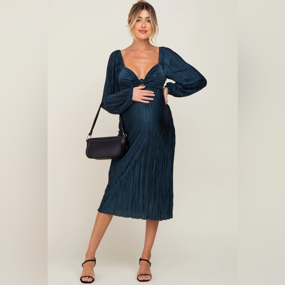 Pinkblush Maternity - Teal Pleated Front Cutout Back Tie Maternity Midi Dress